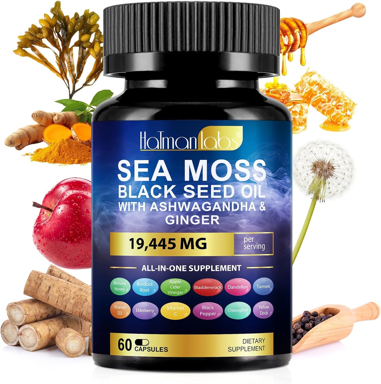 Seemoos-Komplex – 19.445 mg Seemoos-Kapseln mit Schwarzkümmelöl, Ashwagandha und Ingwer – 60 hochwirksame Kapseln für einen 30-Tage-Vorrat – Vegan und Halal